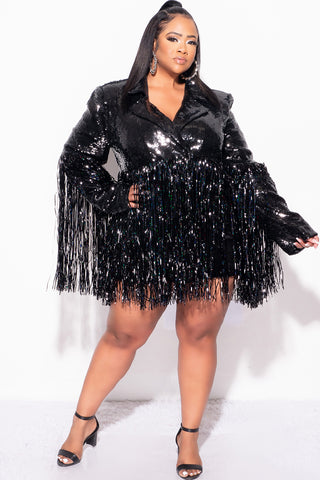 Final Sale Plus Size Sequin Blazer Dress with Tinsel Fringe Bottom in Black