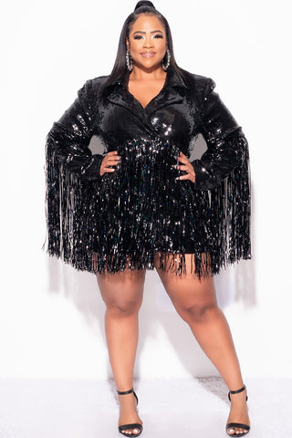 Final Sale Plus Size Sequin Blazer Dress with Tinsel Fringe Bottom in Black