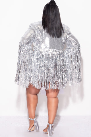 Final Sale Plus Size Sequin Blazer Dress with Tinsel Fringe Bottom in Silver