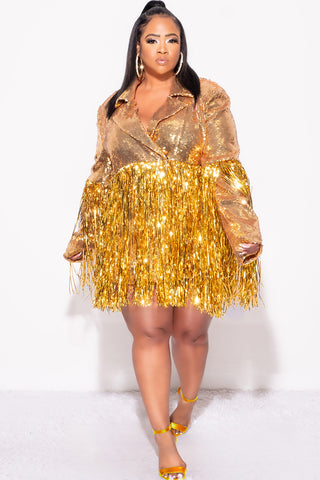 Final Sale Plus Size Sequin Blazer Dress with Tinsel Fringe Bottom in Gold