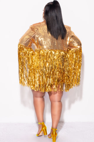 Final Sale Plus Size Sequin Blazer Dress with Tinsel Fringe Bottom in Gold