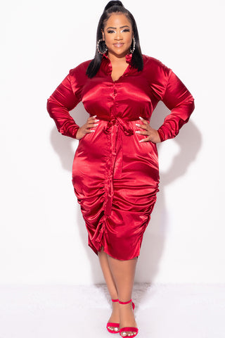 Final Sale Plus Size Satin Collar Button Up Dress with Attached Belt and Ruched Bottom in Burgundy