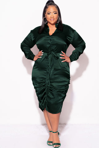 Final Sale Plus Size Satin Collar Button Up Dress with Attached Belt and Ruched Bottom in Hunter Green