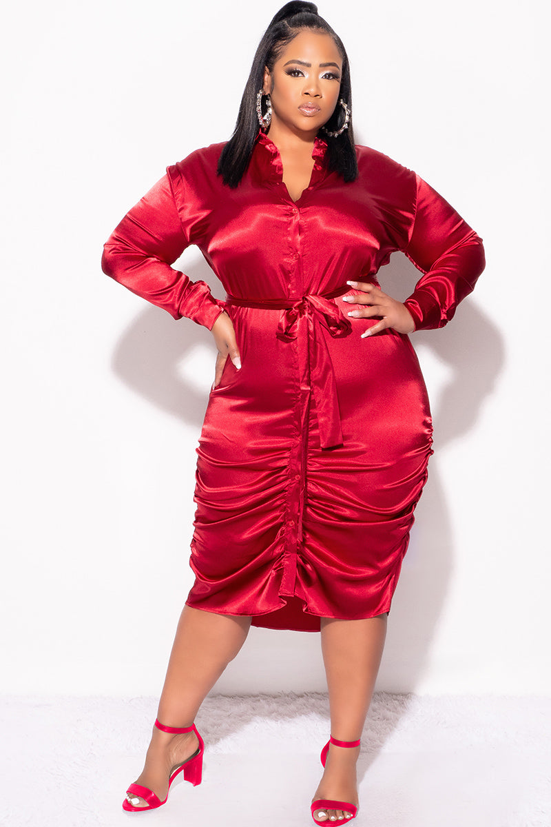 Final Sale Plus Size Satin Collar Button Up Dress with Attached Belt and Ruched Bottom in Burgundy