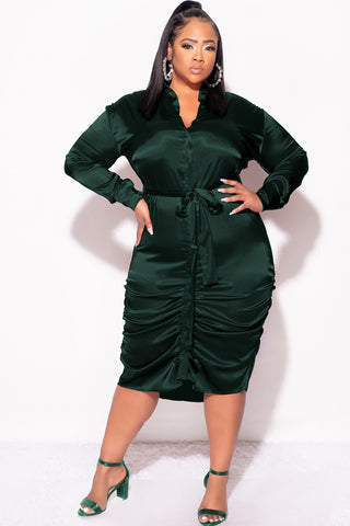 Final Sale Plus Size Satin Collar Button Up Dress with Attached Belt and Ruched Bottom in Hunter Green