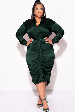 Final Sale Plus Size Satin Collar Button Up Dress with Attached Belt and Ruched Bottom in Hunter Green