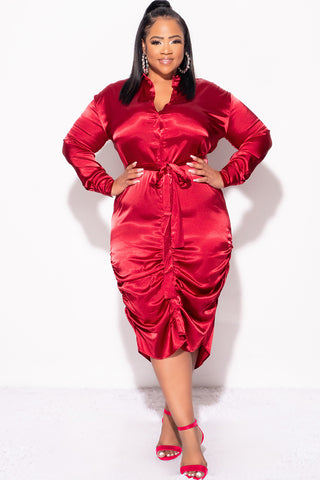 Final Sale Plus Size Satin Collar Button Up Dress with Attached Belt and Ruched Bottom in Burgundy