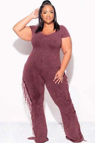 Final Sale Plus Size Fringe Jumpsuit in Mineralized Burgundy