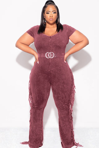 Final Sale Plus Size Fringe Jumpsuit in Mineralized Burgundy