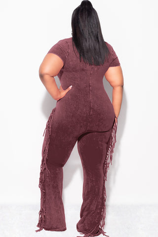 Final Sale Plus Size Fringe Jumpsuit in Mineralized Burgundy