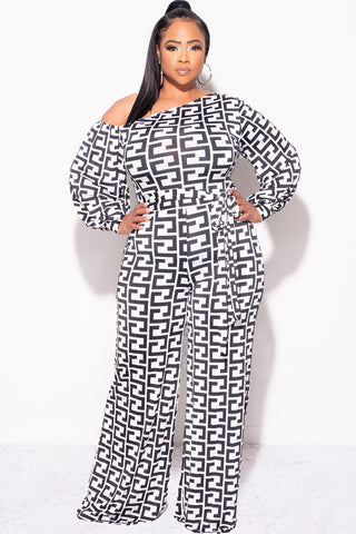 Final Sale Plus Size One Sleeve Jumpsuit in White and Black Maze Print