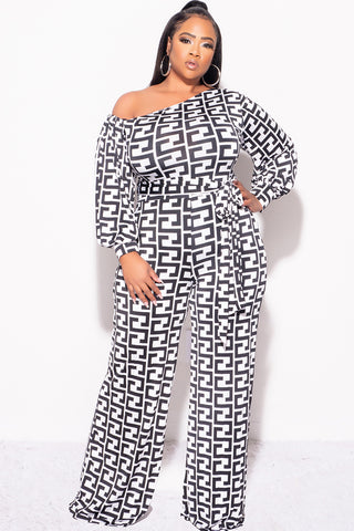 Final Sale Plus Size One Sleeve Jumpsuit in White and Black Maze Print