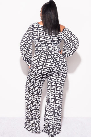 Final Sale Plus Size One Sleeve Jumpsuit in White and Black Maze Print