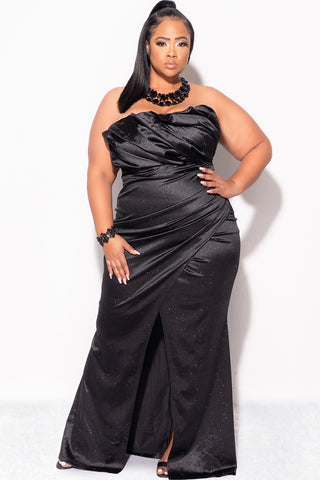 Final Sale Plus Size Glitter Strapless Pleated Ruched Gown with Front Slit in Black