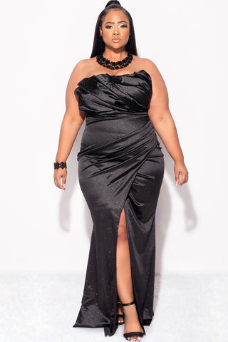 Final Sale Plus Size Glitter Strapless Pleated Ruched Gown with Front Slit in Black