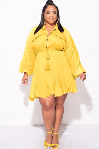 Final Sale Plus Size Collar Button Up Baby Doll Flare Dress in Mustard