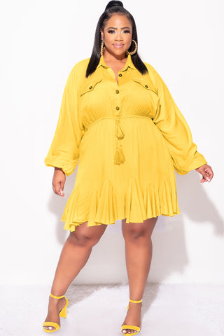 Final Sale Plus Size Collar Button Up Baby Doll Flare Dress in Mustard
