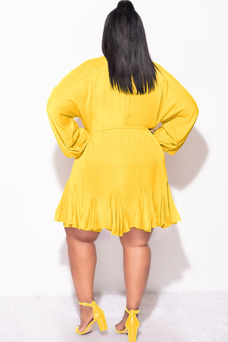 Final Sale Plus Size Collar Button Up Baby Doll Flare Dress in Mustard