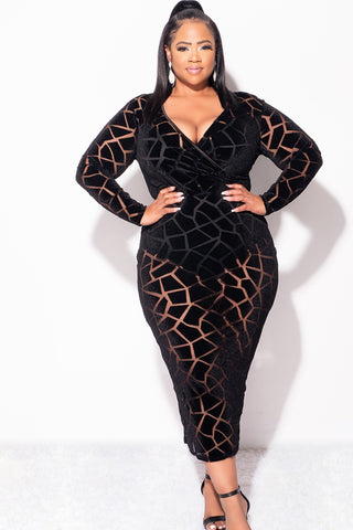 Final Sale Plus Size Sheer Long Sleeve Faux Wrap BodyCon with Waist Tie and Back Slit in Black