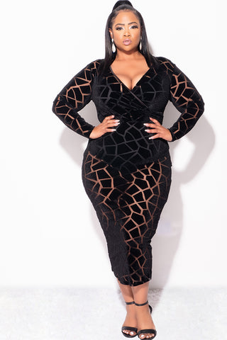 Final Sale Plus Size Sheer Long Sleeve Faux Wrap BodyCon with Waist Tie and Back Slit in Black