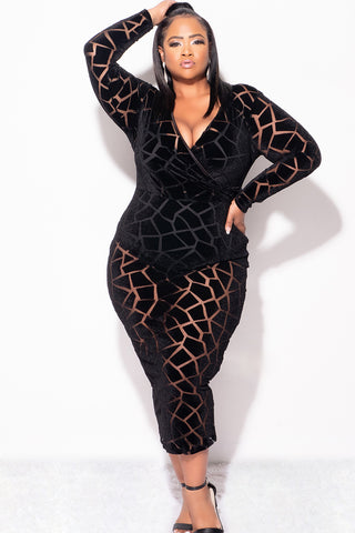 Final Sale Plus Size Sheer Long Sleeve Faux Wrap BodyCon with Waist Tie and Back Slit in Black