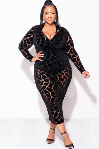 Final Sale Plus Size Sheer Long Sleeve Faux Wrap BodyCon with Waist Tie and Back Slit in Black