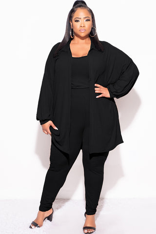 Final Sale Plus Size Ribbed 3pc Set Cardigan, Tank Crop Top, & Pants in Black