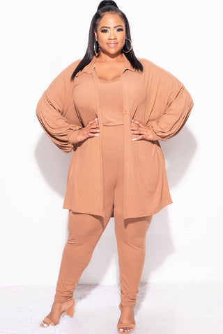 Final Sale Plus Size Ribbed 3pc Set Cardigan, Tank Crop Top, & Pants in Mocha