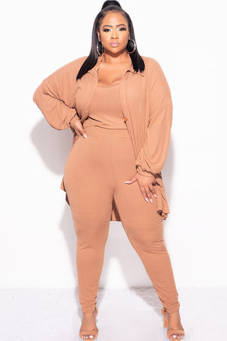 Final Sale Plus Size Ribbed 3pc Set Cardigan, Tank Crop Top, & Pants in Mocha