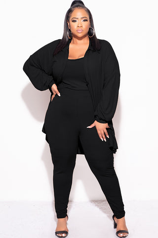 Final Sale Plus Size Ribbed 3pc Set Cardigan, Tank Crop Top, & Pants in Black