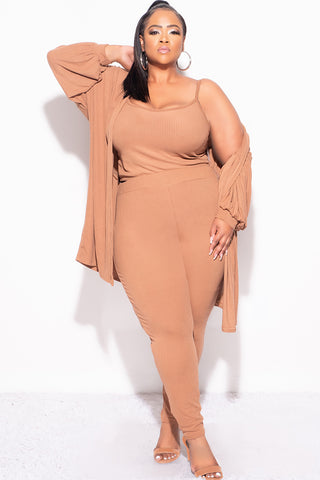 Final Sale Plus Size Ribbed 3pc Set Cardigan, Tank Crop Top, & Pants in Mocha