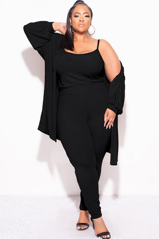 Final Sale Plus Size Ribbed 3pc Set Cardigan, Tank Crop Top, & Pants in Black