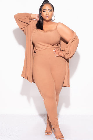 Final Sale Plus Size Ribbed 3pc Set Cardigan, Tank Crop Top, & Pants in Mocha