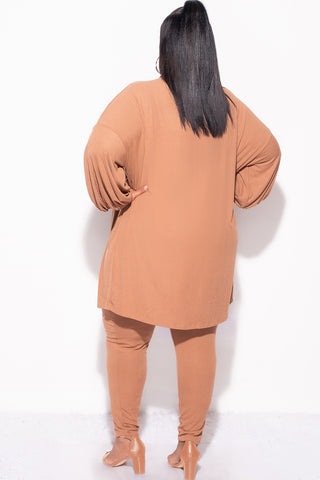 Final Sale Plus Size Ribbed 3pc Set Cardigan, Tank Crop Top, & Pants in Mocha