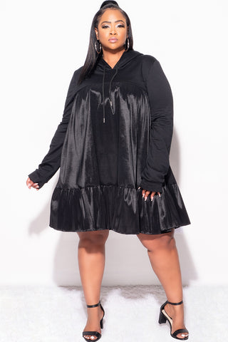 Final Sale Plus Size Hooded Tiered Taffeta Baby Doll Dress in Black