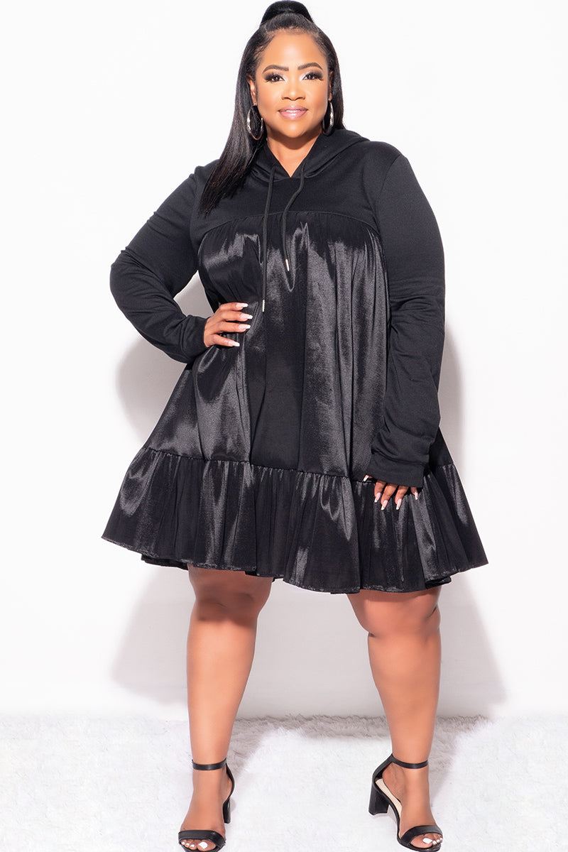 Final Sale Plus Size Hooded Tiered Taffeta Baby Doll Dress in Black