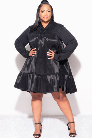 Final Sale Plus Size Hooded Tiered Taffeta Baby Doll Dress in Black