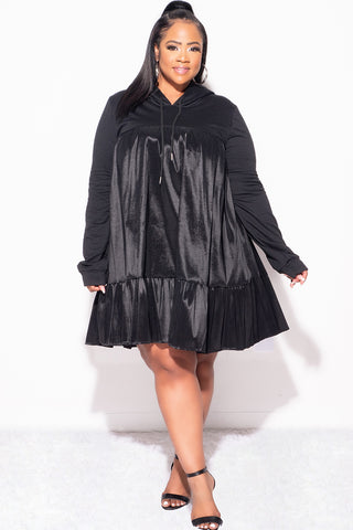 Final Sale Plus Size Hooded Tiered Taffeta Baby Doll Dress in Black