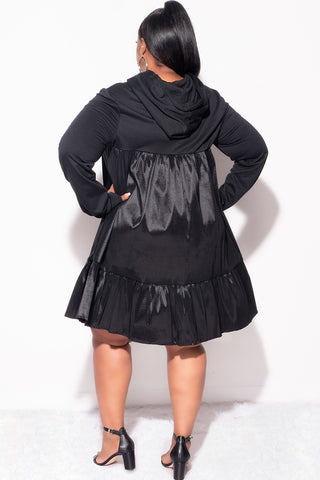 Final Sale Plus Size Hooded Tiered Taffeta Baby Doll Dress in Black