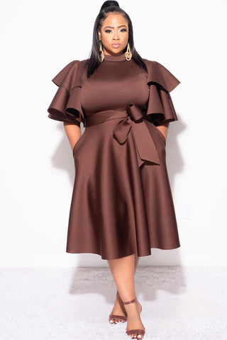 Final Plus Size Dress with Ruffle Sleeve and Tie in Brown Scuba