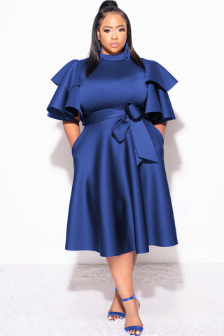 Final Plus Size Dress with Ruffle Sleeve and Tie in Royal Blue Scuba