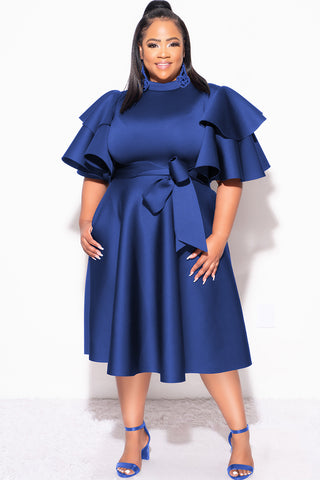 Final Plus Size Dress with Ruffle Sleeve and Tie in Royal Blue Scuba