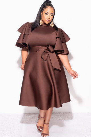 Final Plus Size Dress with Ruffle Sleeve and Tie in Brown Scuba