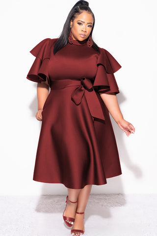 Final Plus Size Dress with Ruffle Sleeve and Tie in Burgundy Scuba