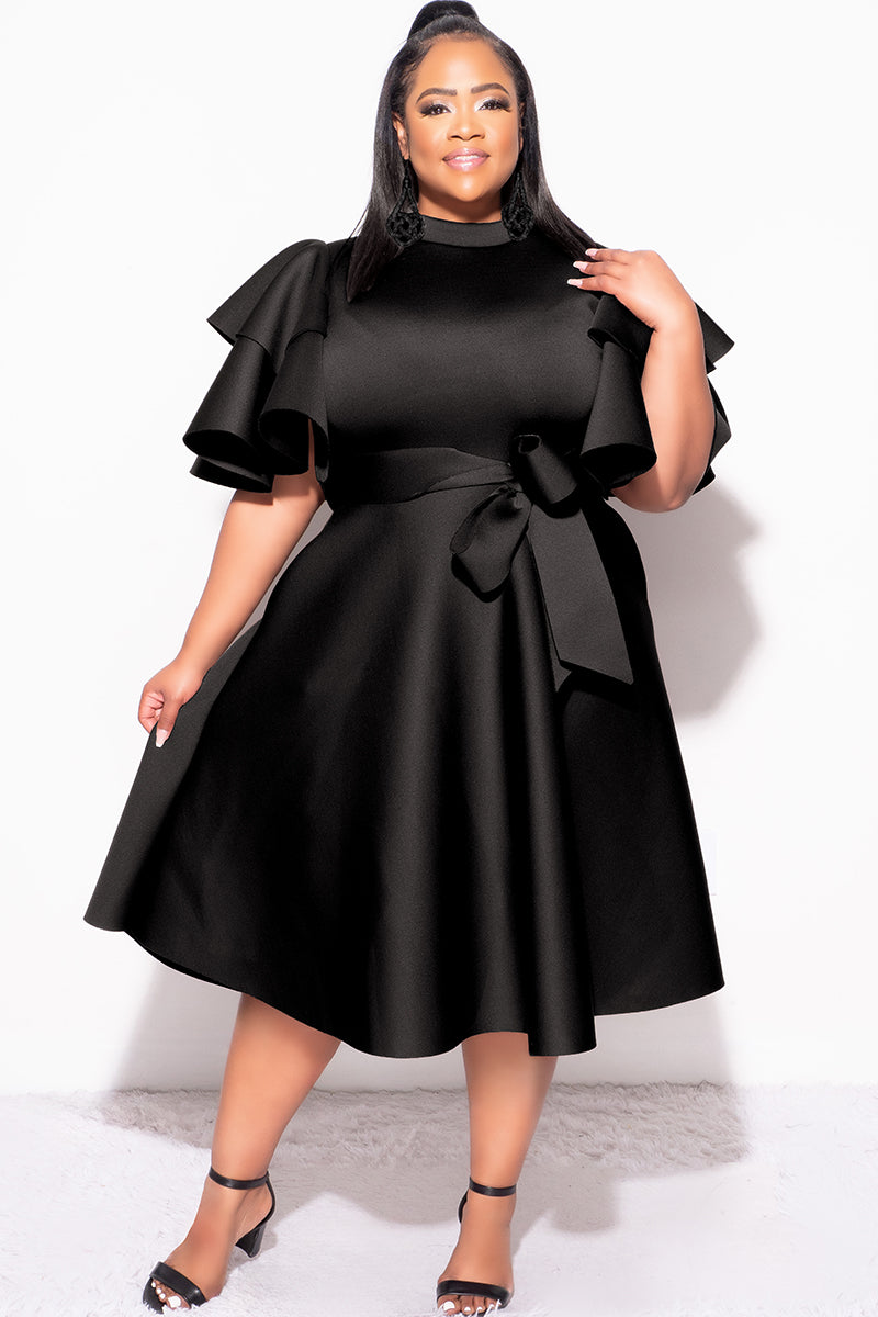 Final Plus Size Dress with Ruffle Sleeve and Tie in Black Scuba