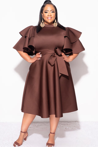 Final Plus Size Dress with Ruffle Sleeve and Tie in Brown Scuba