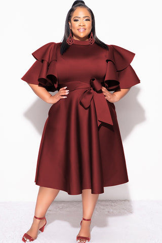 Final Plus Size Dress with Ruffle Sleeve and Tie in Burgundy Scuba