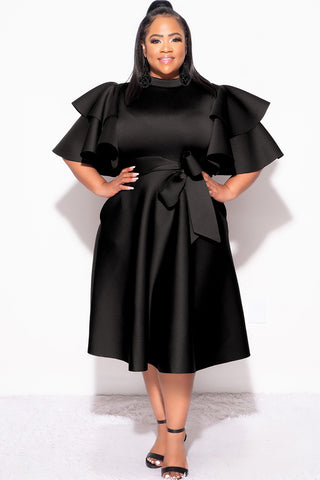 Final Plus Size Dress with Ruffle Sleeve and Tie in Black Scuba