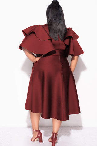 Final Plus Size Dress with Ruffle Sleeve and Tie in Burgundy Scuba