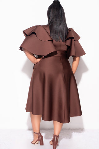 Final Plus Size Dress with Ruffle Sleeve and Tie in Brown Scuba